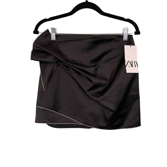 Zara Dresses & Skirts - ZARA Mini Skirt Womens M Satin Bling Rhinestone Twisted Bow Chic Black NWT